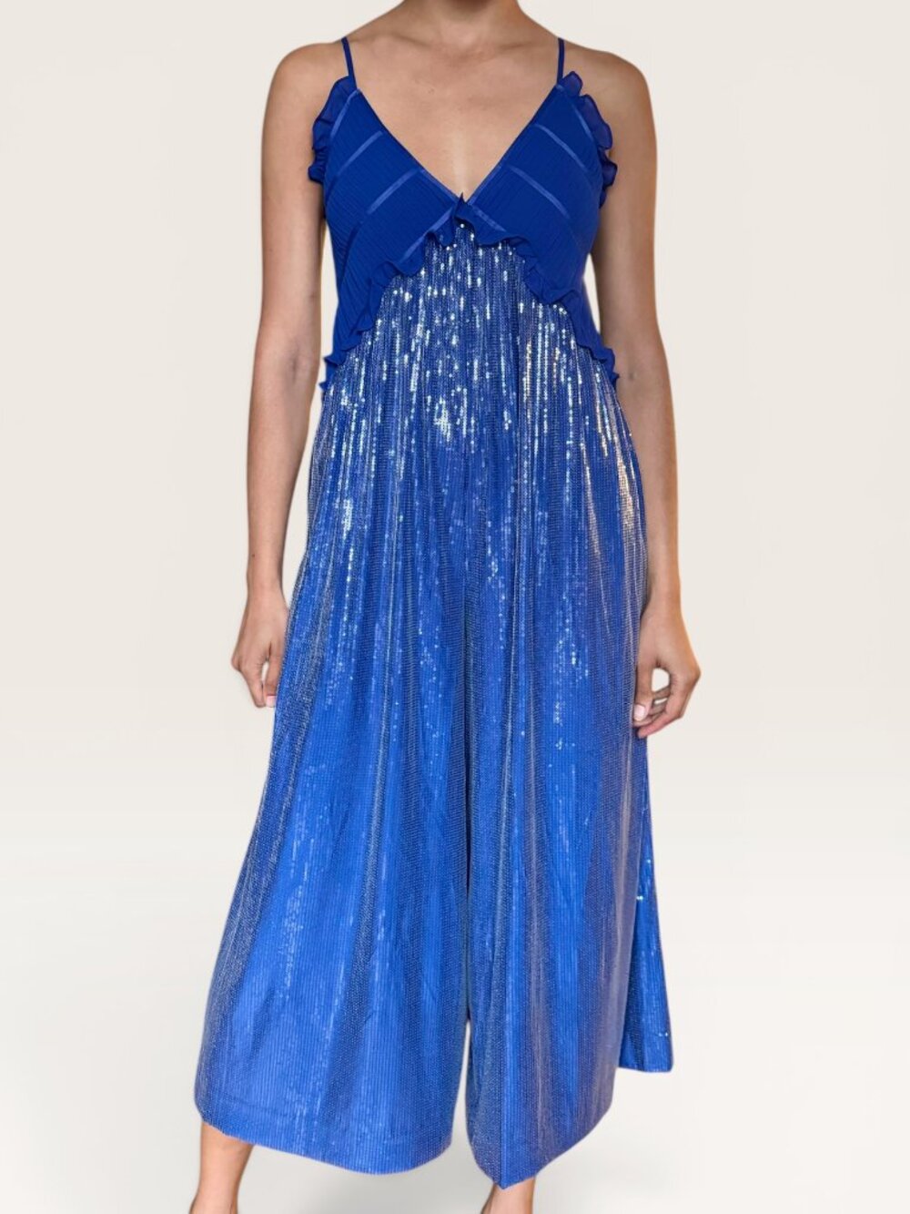 NWT Maeve Fluid Shine Sequin Ruffle Crop Jumpsuit Cobalt Blue Mermaidcore Disco